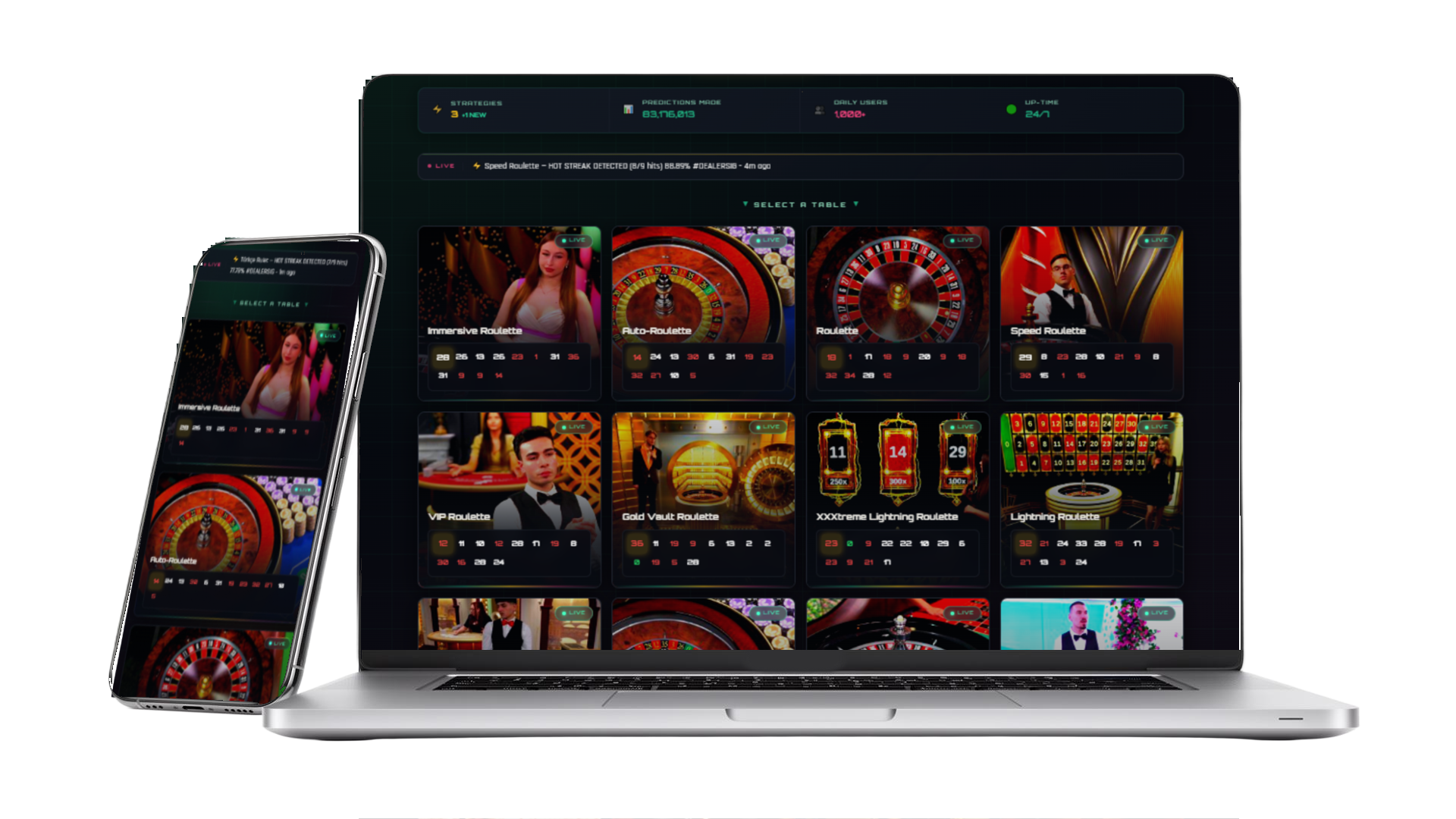 Roulette prediction app on laptop and phone